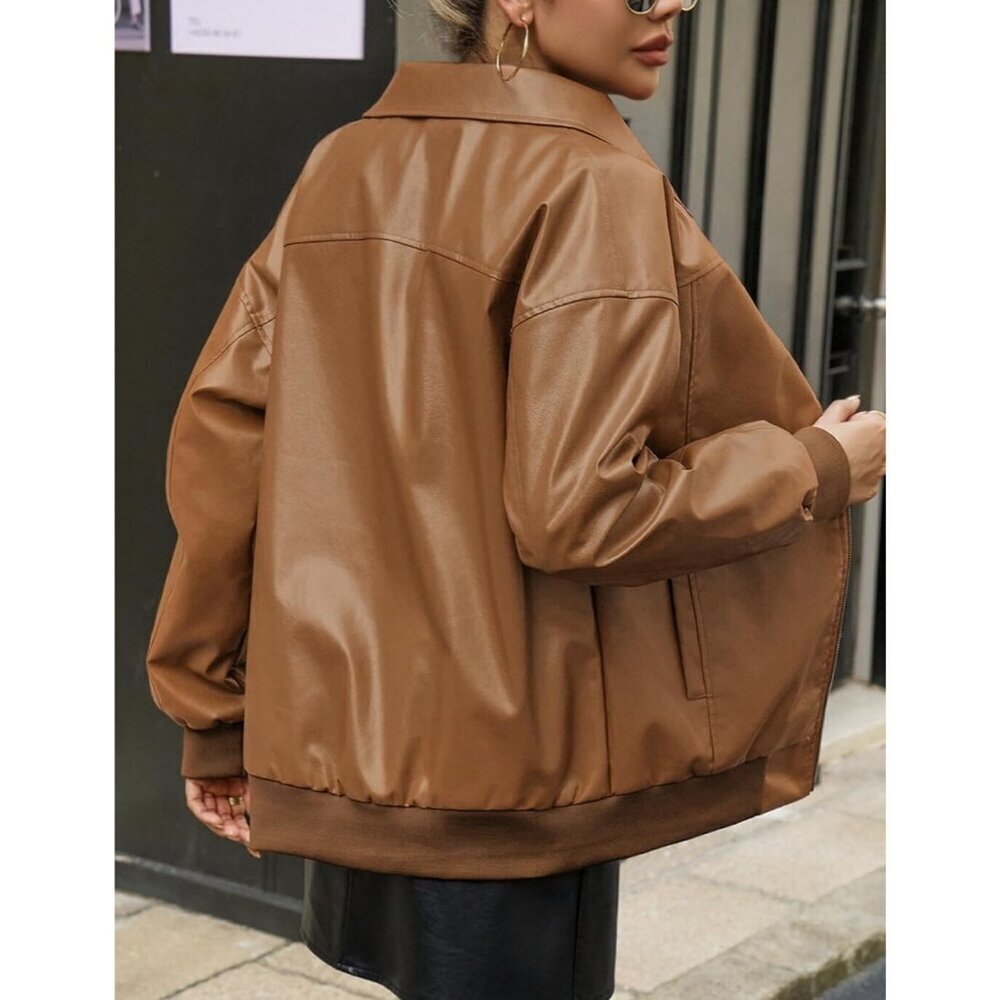 🆕Women's Brown Faux Leather Zip-Up Jacket with Ribbed Cuffs and Pockets - Picture 3 of 6